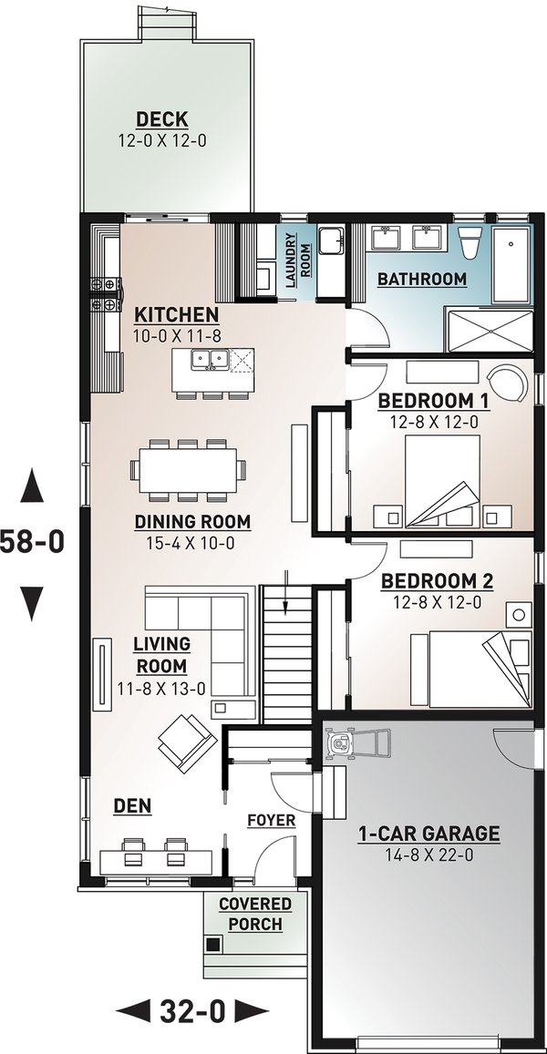 House Plan Design - Floor Plan - Main Floor for Craftsman House Plan #23-2903 - 2 bed, 1 bath