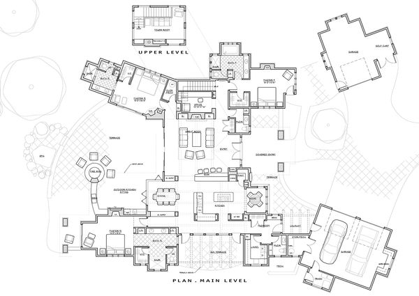 Prairie style house plan, main level floor plan