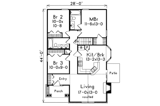 Floor Plan - Main Floor for Cottage House Plan #57-196 - 3 bed, 2 bath