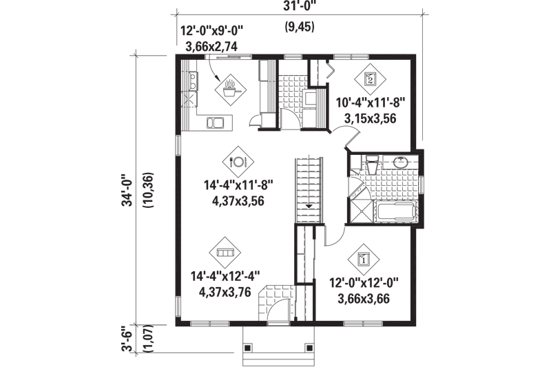 Dream House Plan - Floor Plan - Main Floor for Country House Plan #25-4392 - 2 bed, 1 bath