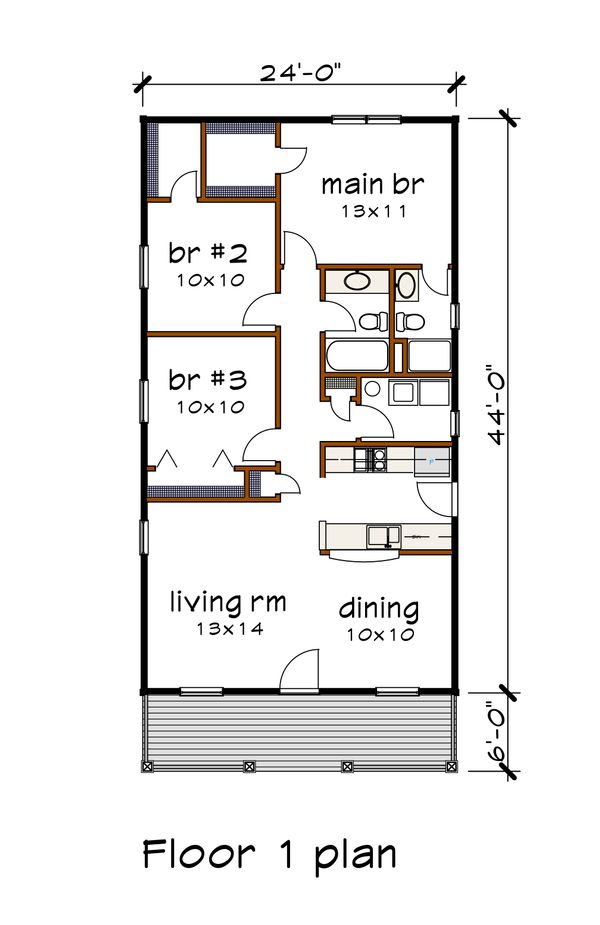 Cottage Style House Plan - 3 Beds 2 Baths 1056 Sq/Ft Plan #79-128