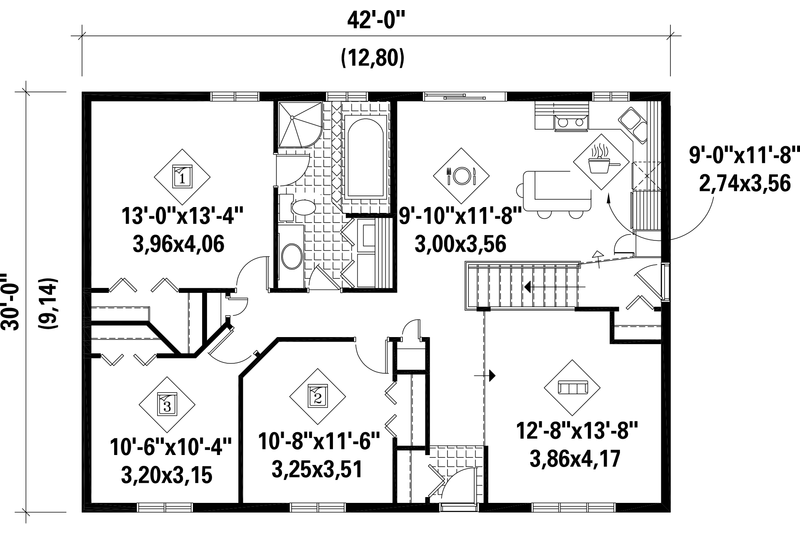 House Blueprint - Floor Plan - Main Floor for Country House Plan #25-4839 - 3 bed, 1 bath