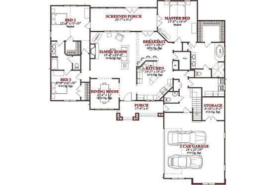 Floor Plan - Main Floor for Bungalow House Plan #63-225 - 3 bed, 3.5 bath