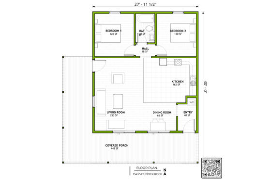 Floor Plan - Main Floor for Ranch House Plan #1106-9 - 2 bed, 1 bath