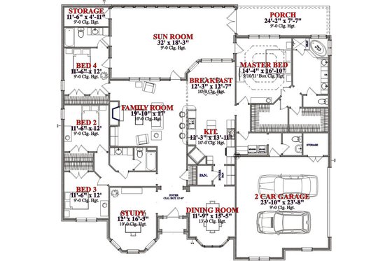 Floor Plan - Main Floor for Traditional House Plan #63-233 - 4 bed, 3.5 bath