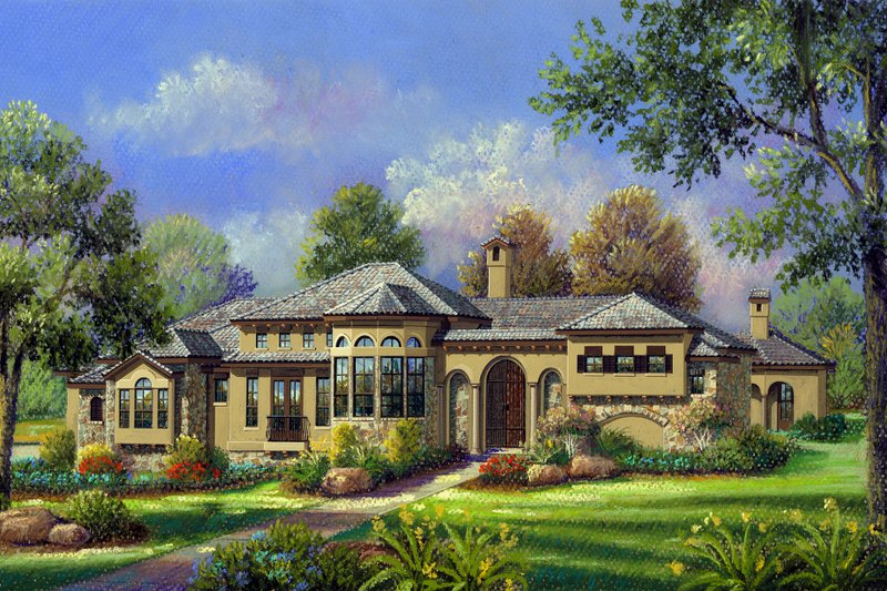 House Blueprint - Exterior - Front Elevation 3 for Mediterranean House Plan #80-124 - 4 bed, 4.5 bath