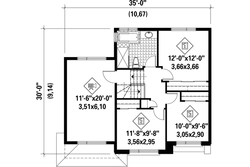 House Plan Design - Floor Plan - Upper Floor for Contemporary House Plan #25-4340 - 3 bed, 1 bath