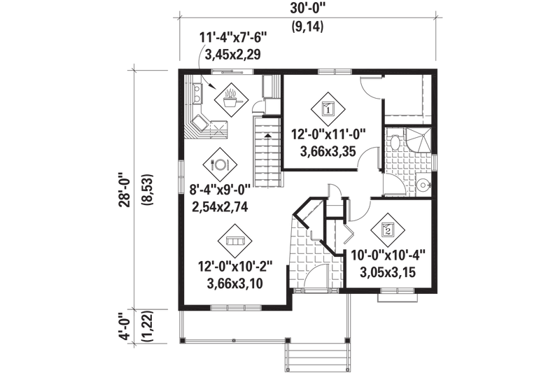 Dream House Plan - Floor Plan - Main Floor for Country House Plan #25-4451 - 2 bed, 1 bath