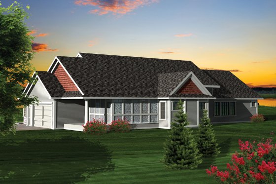 Exterior - Rear Elevation for Ranch House Plan #70-1057 - 3 bed, 2.5 bath