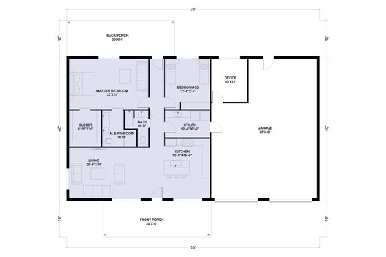 Floor Plan - Main Floor for Barndominium House Plan #1107-20 - 2 bed, 2 bath