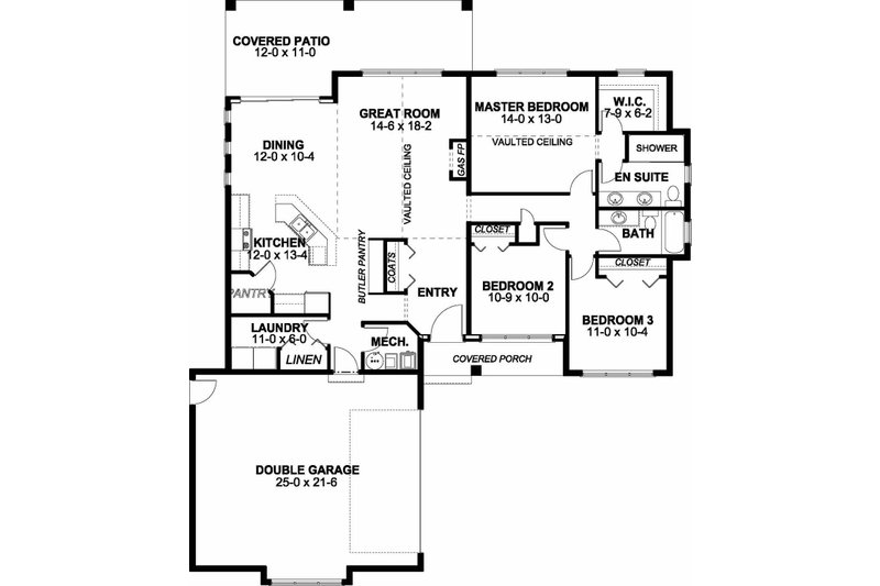 House Blueprint - Floor Plan - Main Floor for Adobe / Southwestern House Plan #126-172 - 3 bed, 2 bath
