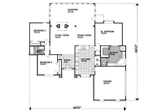 Floor Plan - Main Floor for Ranch House Plan #30-170 - 3 bed, 2 bath