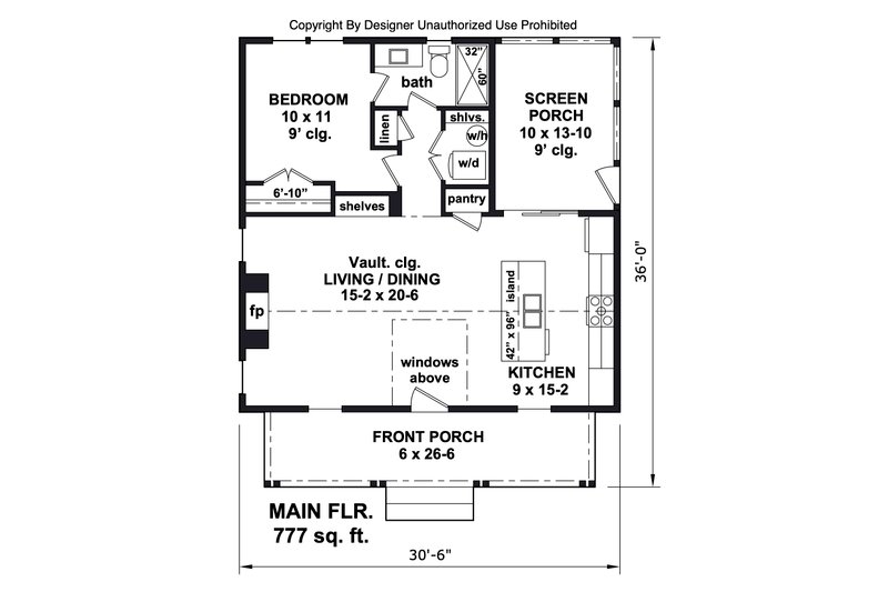 House Blueprint - Floor Plan - Main Floor for Bungalow House Plan #51-1429 - 1 bed, 1 bath