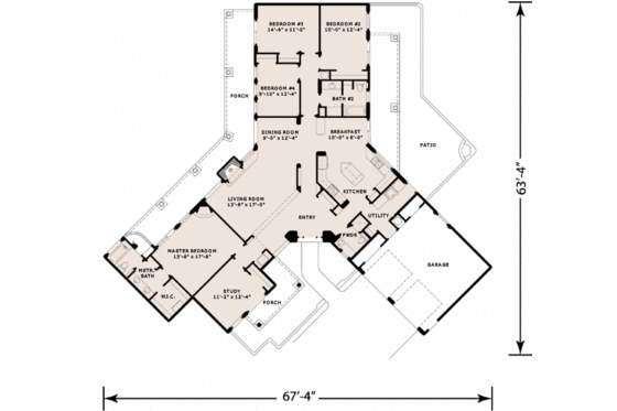 Floor Plan - Main Floor for Adobe / Southwestern House Plan #140-138 - 4 bed, 3 bath
