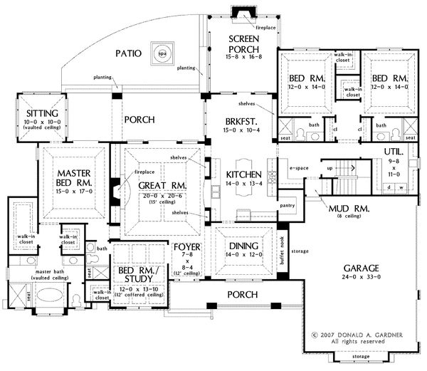 Craftsman style house plan, 3000 square feet, 4 bedroom, 2 1/2 bath floor plan by Donald Gardner