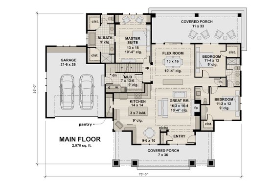 Floor Plan - Main Floor for Craftsman House Plan #51-586 - 3 bed, 2.5 bath