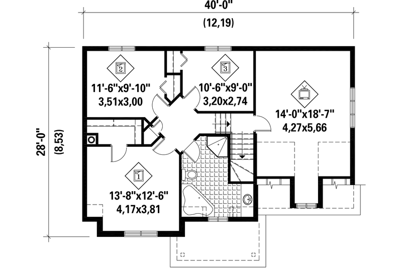 House Blueprint - Floor Plan - Upper Floor for European House Plan #25-4852 - 3 bed, 1 bath