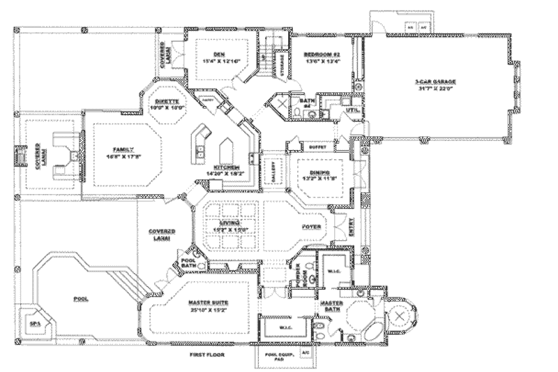 House Blueprint - Floor Plan - Main Floor for Mediterranean House Plan #27-212 - 3 bed, 3.5 bath