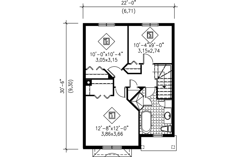 House Blueprint - Floor Plan - Upper Floor for European House Plan #25-2076 - 3 bed, 2 bath