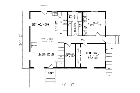 Floor Plan - Main Floor for Traditional House Plan #1-309 - 2 bed, 2 bath