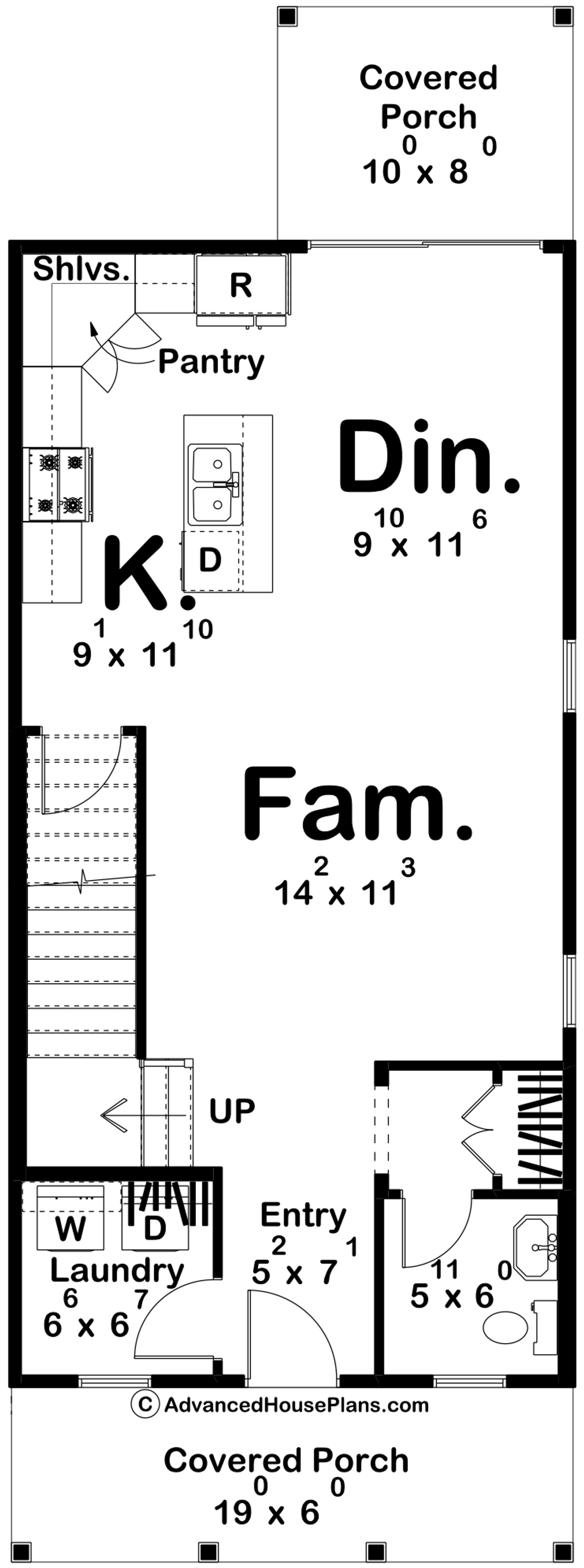 Small house plan under 1,500 sq. ft., main level floor plan.