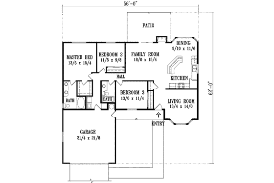 Floor Plan - Main Floor for Adobe / Southwestern House Plan #1-1326 - 3 bed, 2 bath