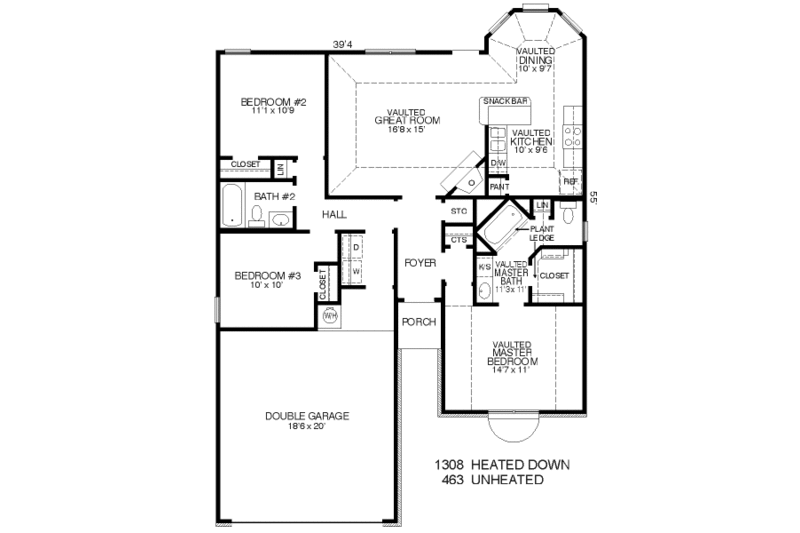 Traditional Style House Plan - 3 Beds 2 Baths 1308 Sq/Ft Plan #424-161 ...