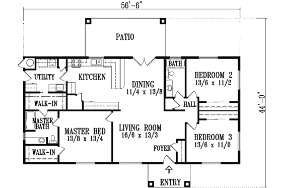 Floor Plan - Main Floor for Adobe / Southwestern House Plan #1-1299 - 3 bed, 2 bath