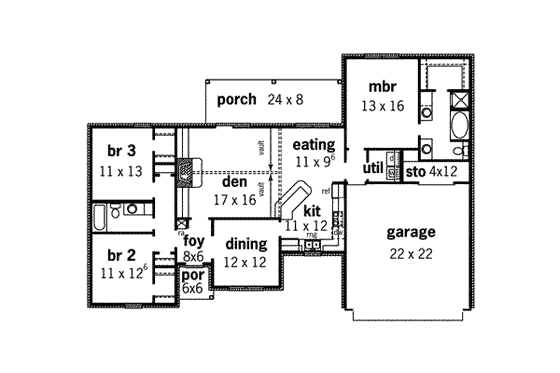 Floor Plan - Main Floor for Southern House Plan #16-265 - 3 bed, 2 bath