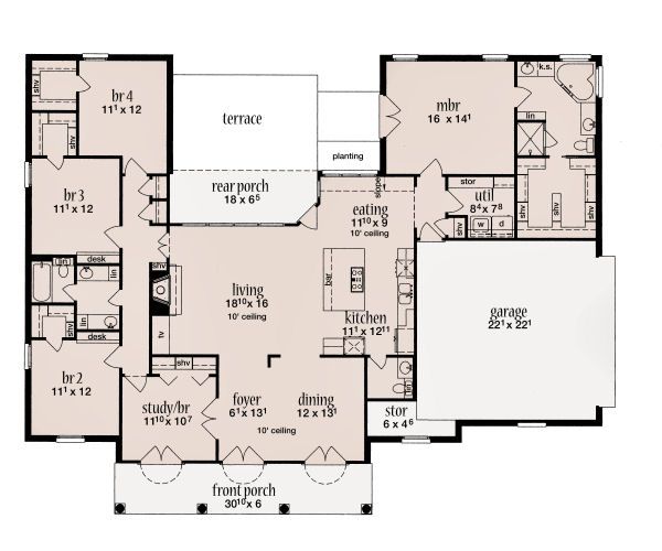 Architectural House Design - Southern Floor Plan - Main Floor Plan #36-485
