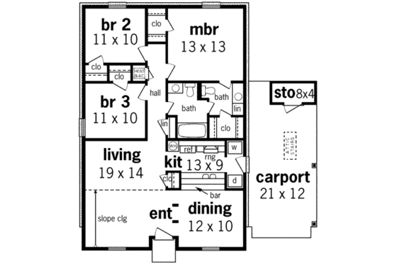 Floor Plan - Main Floor for Ranch House Plan #45-254 - 3 bed, 1.5 bath