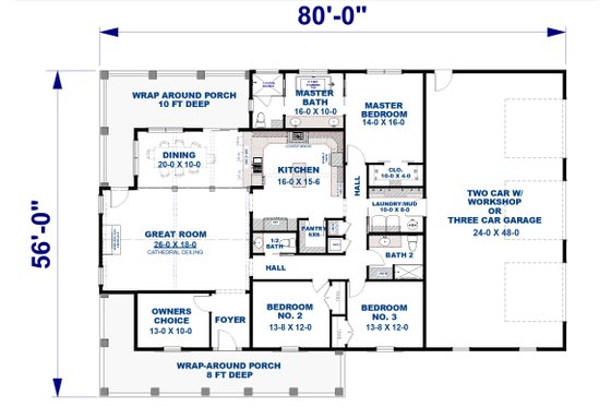 Floor Plan - Main Floor for Craftsman House Plan #44-285 - 3 bed, 2.5 bath