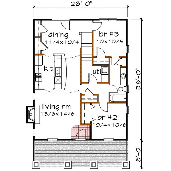 Home Plan - Bungalow style, Craftsman design, front elevation main level floor plan