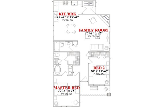 Floor Plan - Main Floor for Bungalow House Plan #63-294 - 2 bed, 2 bath