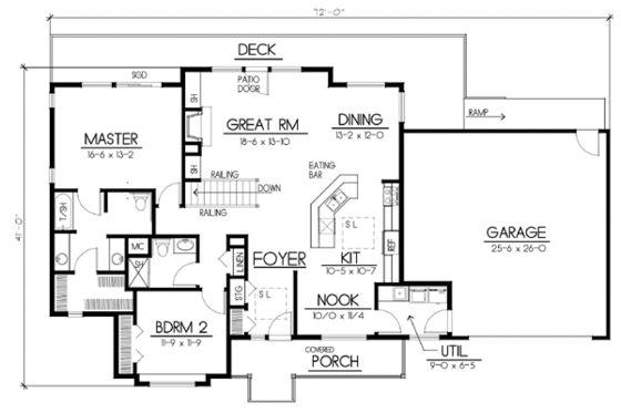 Floor Plan - Main Floor for Ranch House Plan #100-442 - 2 bed, 2 bath
