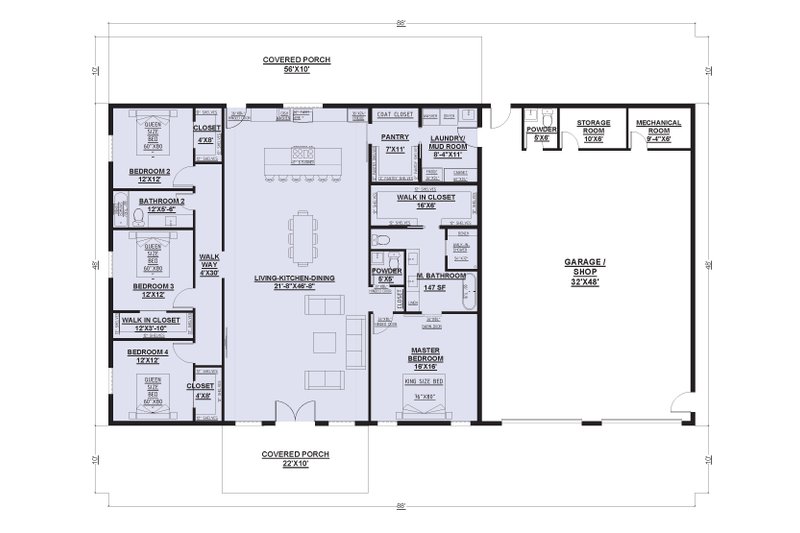 Dream House Plan - Floor Plan - Main Floor for Barndominium House Plan #1107-21 - 4 bed, 3 bath