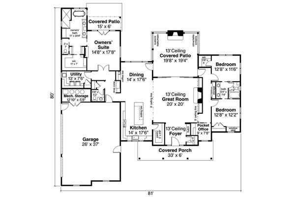 House Plan Design - Ranch Floor Plan - Main Floor Plan #124-1105