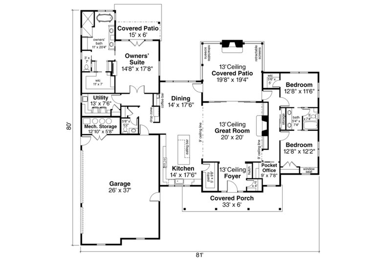 House Plan Design - Floor Plan - Main Floor for Ranch House Plan #124-1105 - 3 bed, 2.5 bath