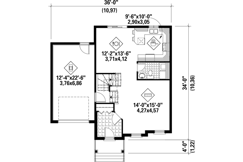 House Blueprint - Floor Plan - Main Floor for European House Plan #25-4606 - 3 bed, 1 bath