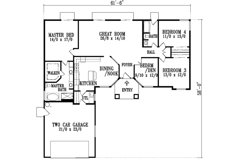 House Blueprint - Floor Plan - Main Floor for Adobe / Southwestern House Plan #1-725 - 4 bed, 2 bath