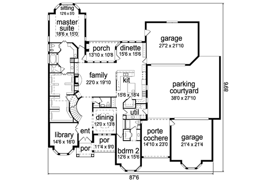 Floor Plan - Main Floor for European House Plan #84-509 - 4 bed, 3.5 bath