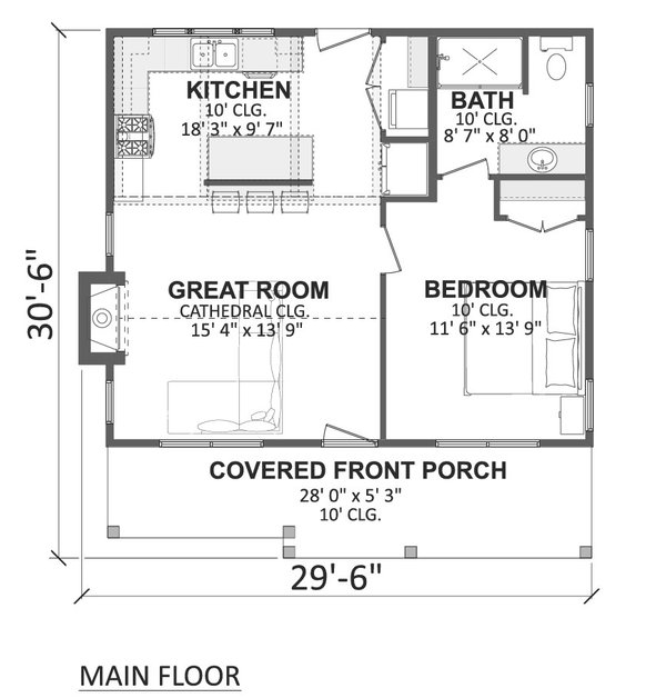 Floor Plan - Main Floor for Country House Plan #1089-76 - 1 bed, 1 bath