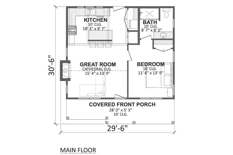 Architectural House Design - Floor Plan - Main Floor for Country House Plan #1089-76 - 1 bed, 1 bath