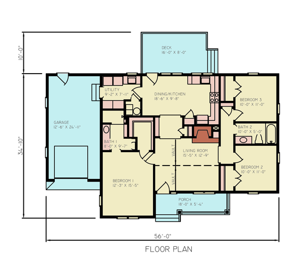 House Blueprint - Floor Plan - Main Floor for Bungalow House Plan #54-686 - 2 bed, 3 bath