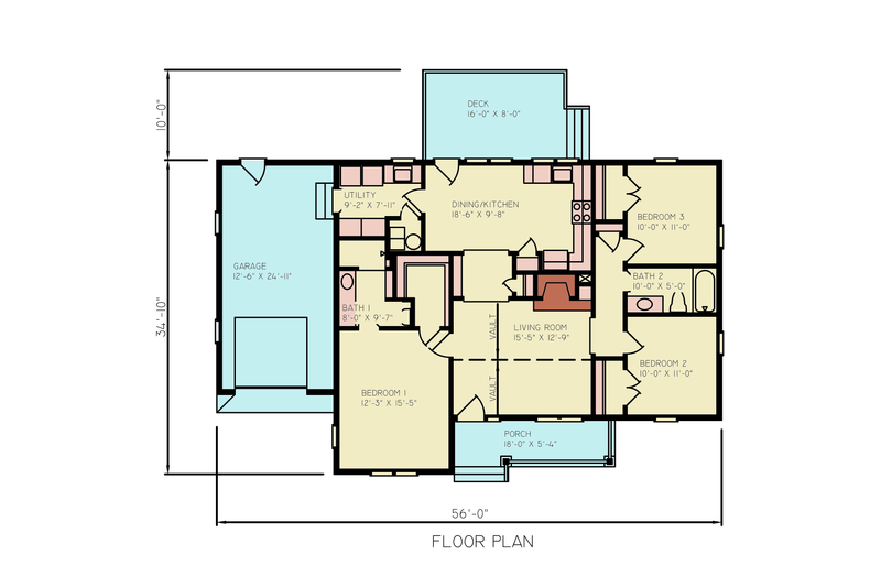 House Blueprint - Floor Plan - Main Floor for Bungalow House Plan #54-686 - 2 bed, 3 bath