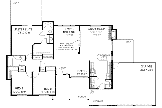 Floor Plan - Main Floor for Ranch House Plan #60-414 - 3 bed, 2 bath