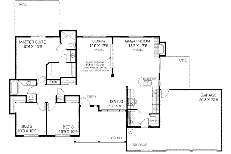 Dream House Plan - Floor Plan - Main Floor for Ranch House Plan #60-414 - 3 bed, 2 bath