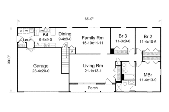 Floor Plan - Main Floor for Ranch House Plan #57-468 - 3 bed, 2 bath