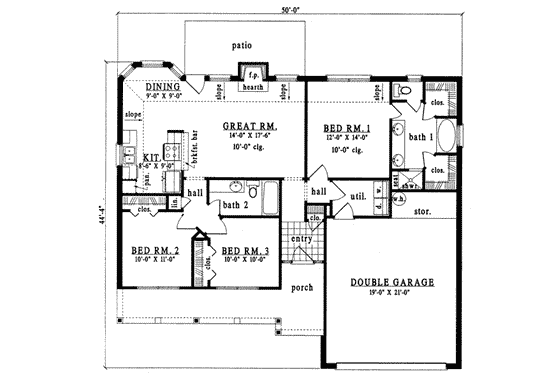 Floor Plan - Main Floor for Ranch House Plan #42-223 - 3 bed, 2 bath