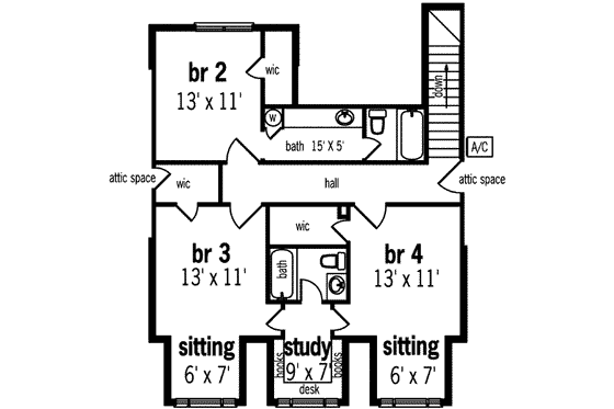Floor Plan - Upper Floor for Colonial House Plan #45-231 - 4 bed, 4 bath